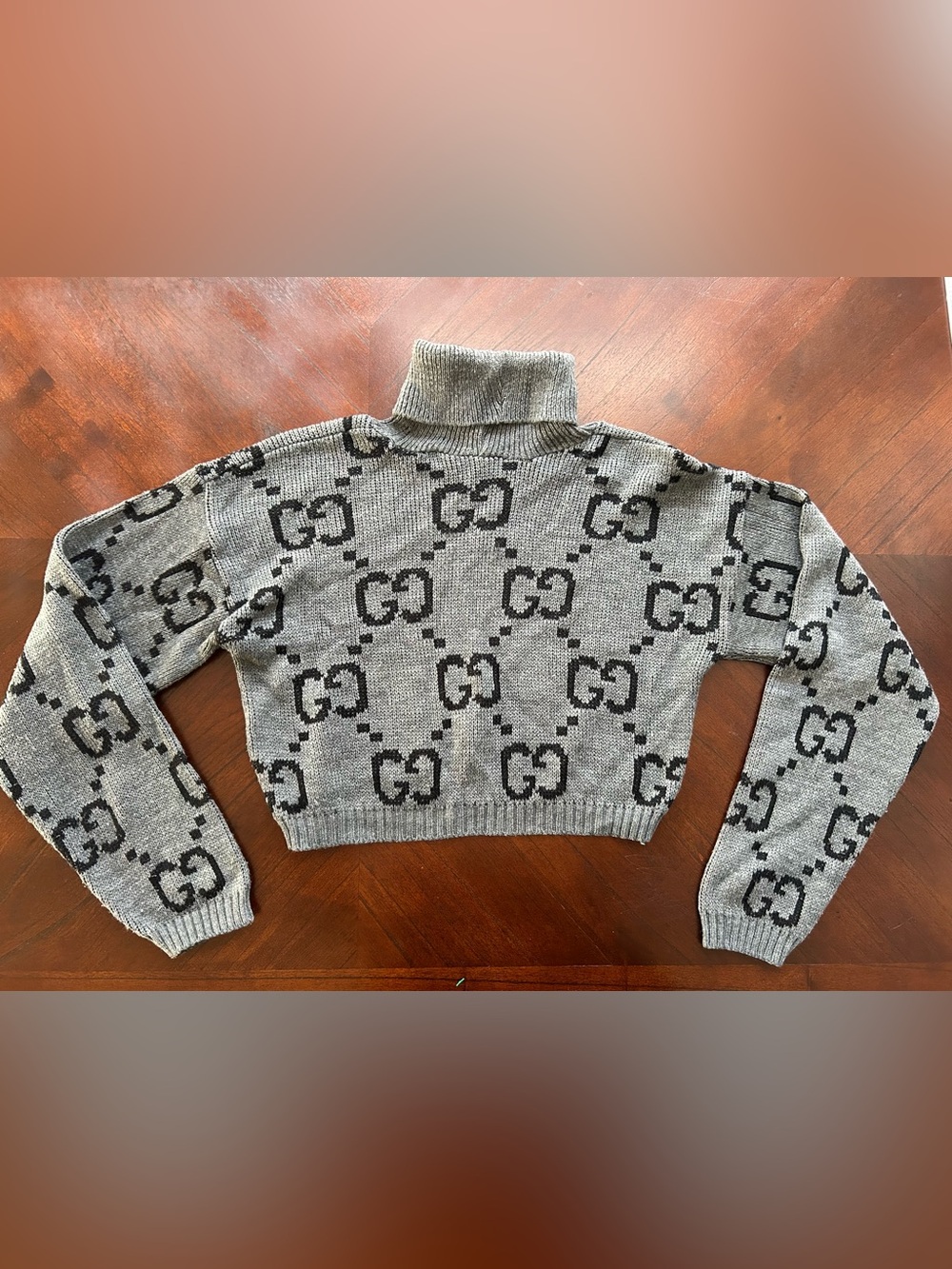 Cropped Grey Turtleneck Logo Knit Sweater size S